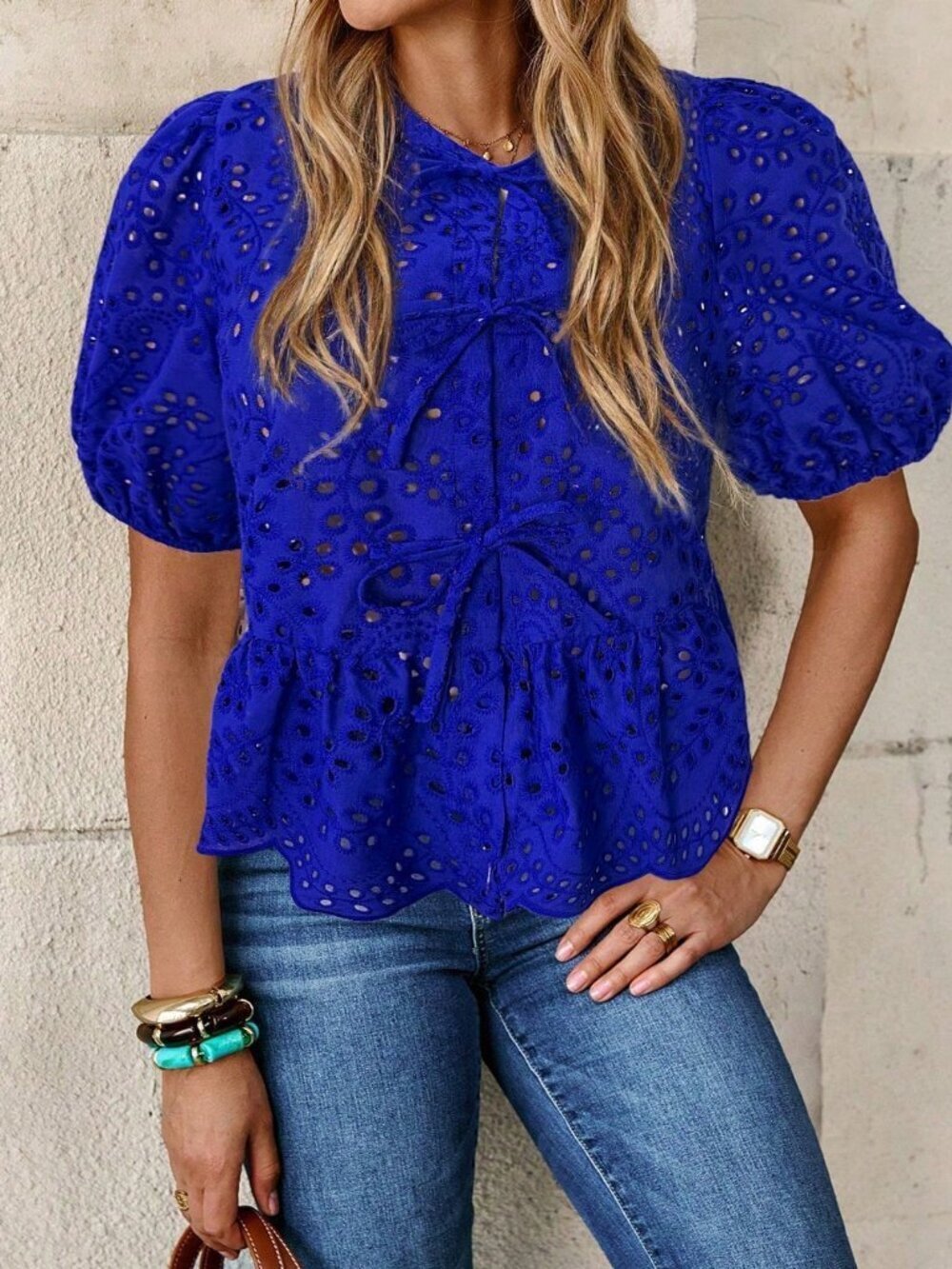 Blue Elegant Women's Tie-Front Puff Sleeve Embroidered Blouse - Picture 5 of 6